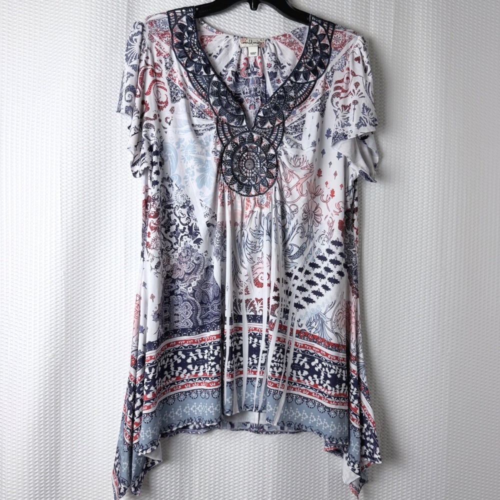 World Unity Tunic Top Knit Women XL Blue Paisley Crochet Lace Sharkbite Hem - Picture 2 of 10